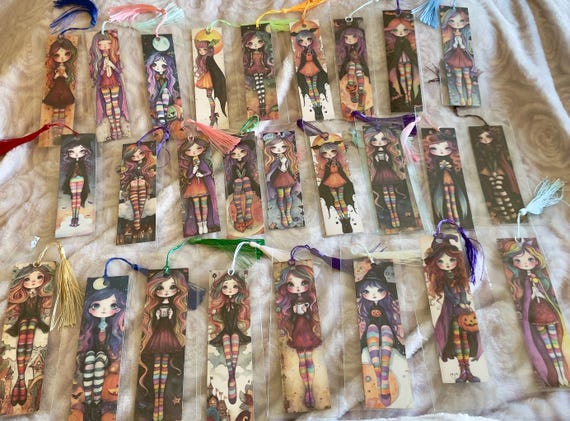 1 Handmade Halloween Witches girls big eyes bookmark very vibrant colors comes with plastic cover and tassel double sided heavy card stock