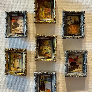 Miniature Dollhouse Halloween Vintage Retro Picture with Frame Witch Pumpkins Moon Children Ghosts Devil Black cats 1x1” in Gold or Silver