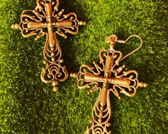 Antique Golden Large Cross Dangling Earrings 2.5” Inches Long New