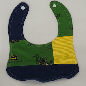 Reversible Baby Bib, Baby Boy Bib, Snap-on Infant Bib, John Deere Patchwork Bib, 3-9 Month bib, Green and Yellow Bib, Denim Bib,