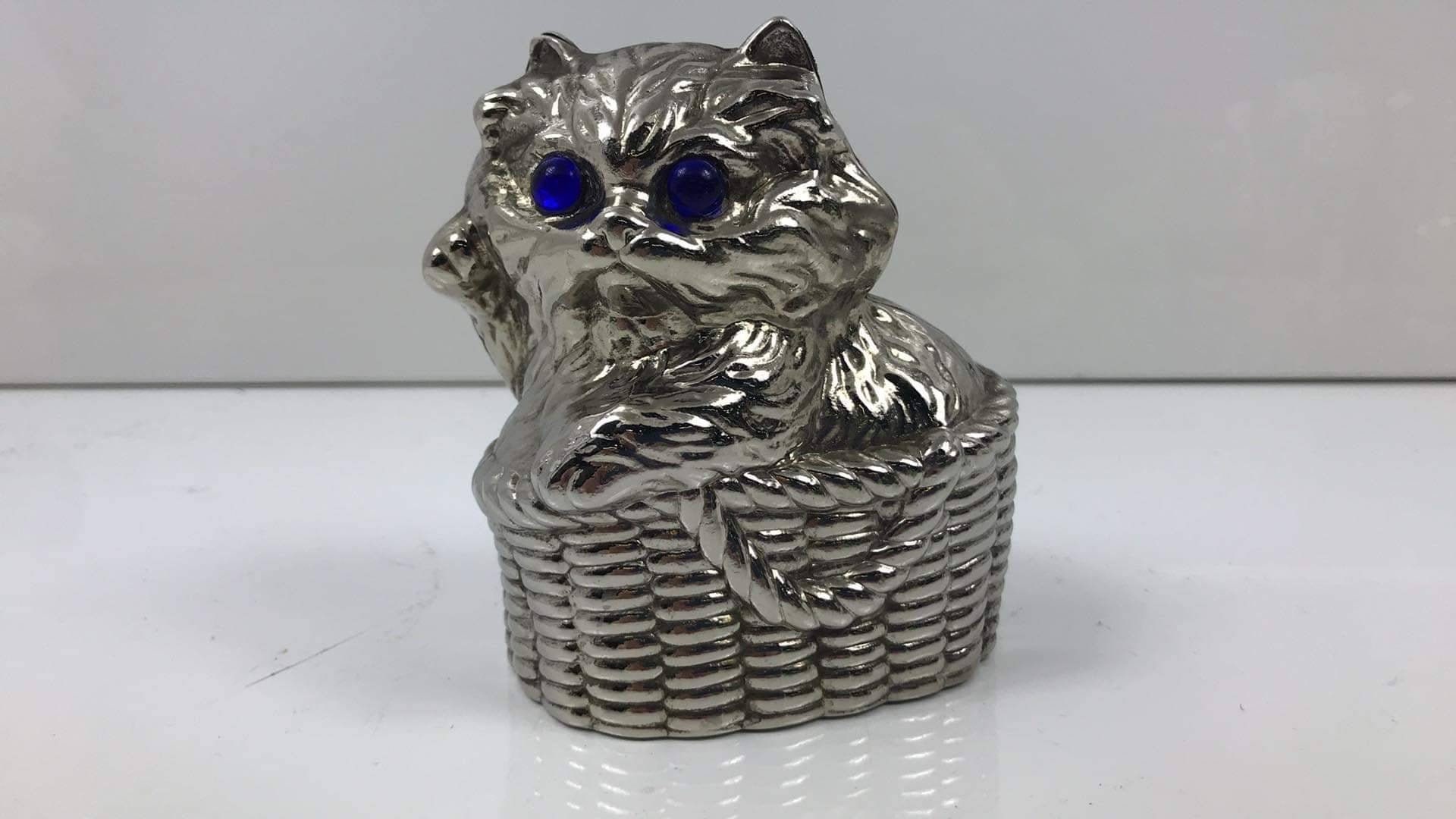 Vintage Silver Plated Cat Coin Bank With Blue Gem Eyes Etsy