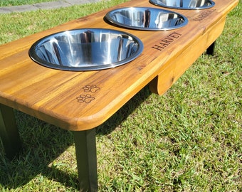 Large Elevated Triple Dog Feeding Station with 3 Stainless Steel Bowls, Hand Made, Free Engraving Flat Pack.
