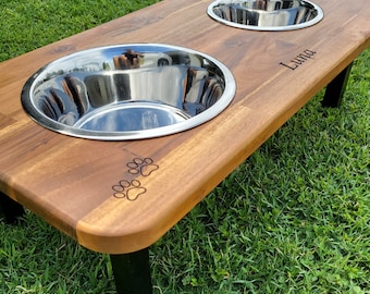 Dog Feeding Station Elevated, Medium Double, Hand Crafted with 2 x Stainless Steel Dishes Flat Pack. Dogs Name Engraved Free