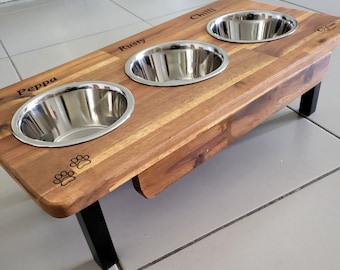 Medium Elevated Triple Dog Bowl Stand / Feeding Station. Free Engraving, Handmade