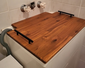Timber Laundry Tub Cover with Handles with 2 x Cut Outs for Hoses Free Engraving