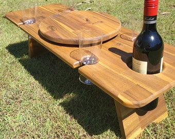 Foldable Picnic Table Holds 4 x Wine Glasses & Wine Bottle with Lazy Susan Free Engraving Great Gift Idea or camping table