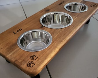 Elevated Small Dog Feeding Station with 2 x Small & 1 x Medium Stainless Steel Dishes Free Engraving of Pet's Name Flat Pack Hand Made