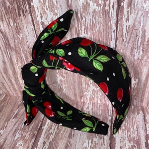Cherries headband , Cherries Side Knot Headband, Retro Headband, Cherry Headband, Cherry Bow headband, Knotty Band, Black Cherry Headband