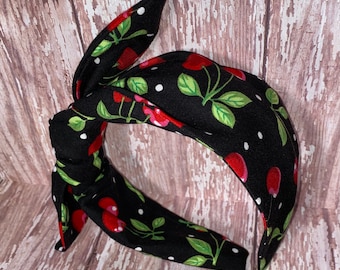 Cherries headband , Cherries Side Knot Headband, Retro Headband, Cherry Headband, Cherry Bow headband, Knotty Band, Black Cherry Headband