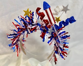 Fourth of July Headband, Patriotic Headband, Tacky Headband, USA Headband, Red White and Blue, July 4th, Patriotic Rocket Headband