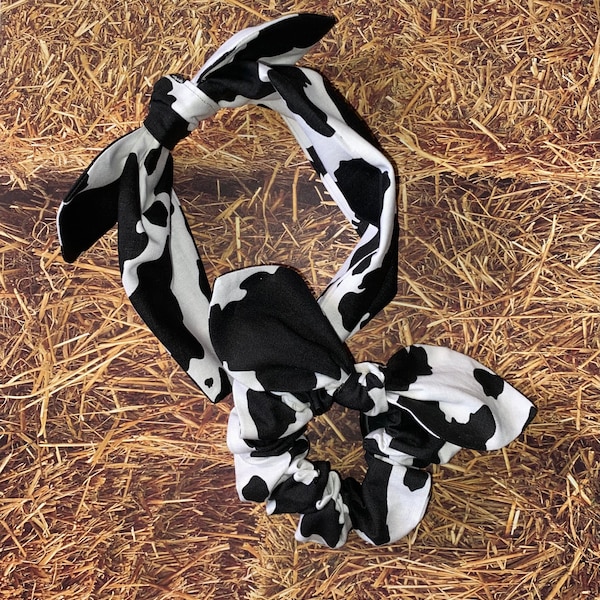 Cow Headband, Cow Bow Scrunchie, Black and White Cow Print, Cow Print Headband, Moo Knotband, Farm Headband, Black and White Cow Print