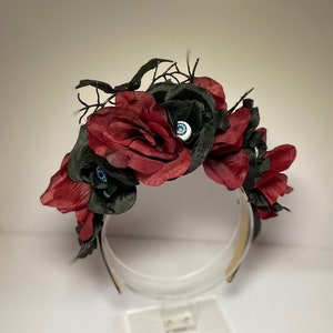 Halloween Flower Headband, Black and Purple Flower Crown, Spooky Headband, Gothic Headband, Halloween Headband, Red and black Roses, Bats