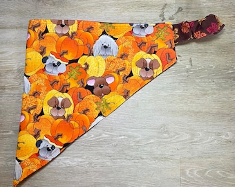 Reversible Dog Scrunchie Bandana, Pumpkins & Autumn Leaves