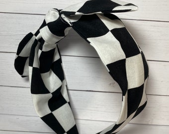 Checkered Flag Headband, Finish Line Headband, Retro 80s Knotband, Black and White Knotband, Racing Knotband, Black and White Bowband