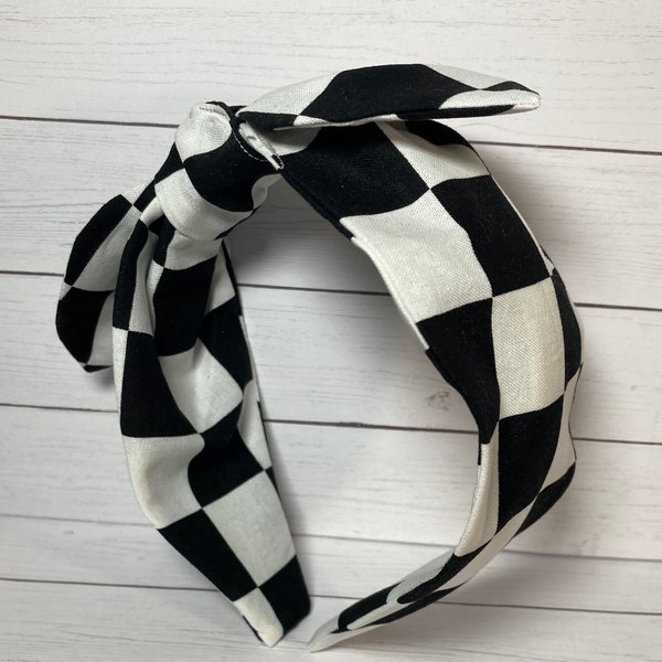 Checkered Flag Headband, Finish Line Headband, Retro 80s Knotband, Black and White Knotband, Racing Knotband, Black and White Bowband