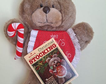 Vintage Hallmark Baby's 1st Christmas 1982 Plush Teddy Bear Stocking w/ Bib, Candy Cane, Grannycore Retro Nursery Gift