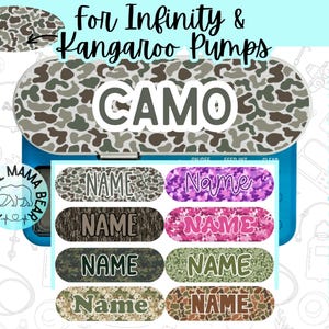 May include: A blue medical device with a camouflage pattern cover and labels. The labels have the word "NAME" printed on them in various camouflage patterns. The text "For Infinity & Kangaroo Pumps" and "CAMO" are also visible.