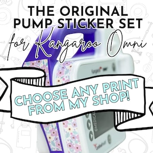 May include: A white Kangaroo Omni pump with a floral sticker set. The sticker set has a purple background with pink and purple flowers. The text on the image says "THE ORIGINAL PUMP STICKER SET for Kangaroo Omni. CHOOSE ANY PRINT FROM MY SHOP!"