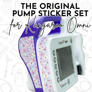 May include: A white Kangaroo Omni pump with a purple strap featuring a floral pattern and the name "Name". The text "THE ORIGINAL PUMP STICKER SET for Kangaroo Omni" is at the top. The Medical Mama Bear logo is in the bottom right.