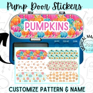 May include: A blue medical pump door sticker featuring a vibrant pattern of orange, pink, and blue pumpkins with the text PUMPKINS. Below, a sheet displays six additional rectangular sticker options with various pumpkin and truck patterns.