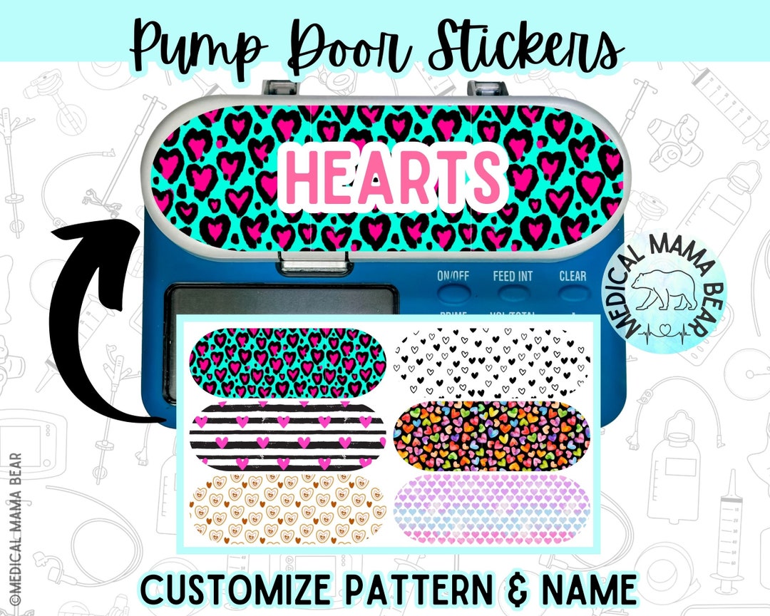 Hearts Feeding Pump Door Stickers CHOOSE Pattern Add Name Feeding Tube ...