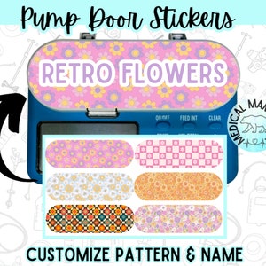 May include: A blue and white pump door sticker with the text "Retro Flowers" in purple. The sticker has a pink background with a floral pattern. The sticker is designed to be placed on a pump door. The image also shows five different sticker designs with various patterns, including floral, checkered, and geometric.