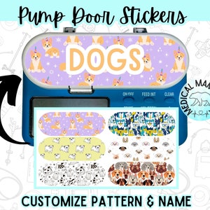 May include: A blue and white medical pump door sticker with a customizable pattern and name. The sticker features a purple background with white stars and a repeating pattern of cartoon dogs. The sticker also includes the text "DOGS" in a yellow banner.
