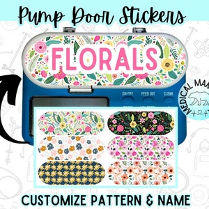 May include: A set of colorful floral patterned stickers for a medical pump door. The stickers are customizable with different patterns and a name. The stickers are designed to personalize a medical pump and make it more appealing for children.