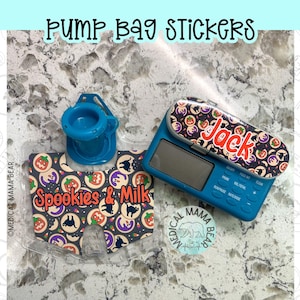 May include: A blue medical pump device and a clear plastic bag attachment, both decorated with custom stickers featuring a Halloween-themed pattern of pumpkins, cats, and candy corn. The stickers display the text Spookies & Milk and Jack.