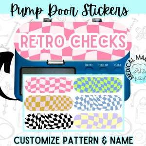 May include: A set of six colorful pump door stickers with a retro checkered pattern. The stickers are designed to fit on a breast pump and can be customized with a name and pattern. The stickers are labeled "Retro Checks" and feature a pink, blue, green, yellow, black, and purple color scheme.