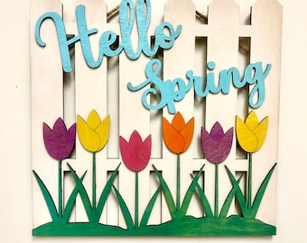 Hello Spring Sign - Wood Spring Door Sign