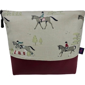 Horse Rider Show Jumping Fabric with Cranberry Faux Leather Bag. British Handmade Gift Cosmetics Case, Toiletries Pouch, Makeup Bag or Purse