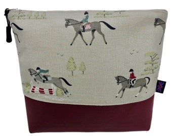 Horse Rider Show Jumping Fabric with Cranberry Faux Leather Bag. British Handmade Gift Cosmetics Case, Toiletries Pouch, Makeup Bag or Purse