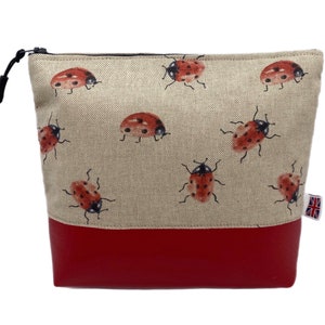 Ladybird Fabric with contrasting Red Fabric Bag. British Handmade Gift, Cosmetics Case, Toiletries Pouch, Makeup Bag or Purse