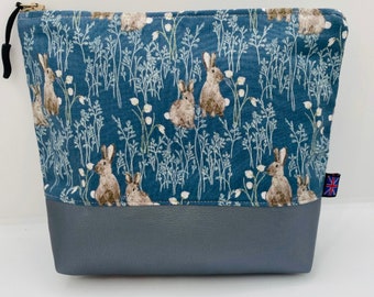 Rabbit in Flowers Fabric with Grey Faux Leather Bag. British Handmade Gift, Cosmetics Case, Toiletries Pouch, Makeup Bag or Purse