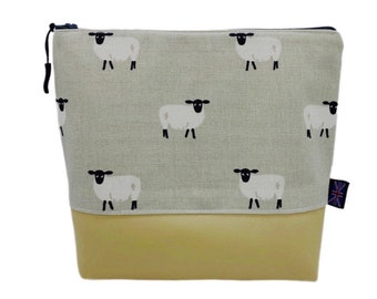 Sheep & Goats Fabric with Cream Faux Leather Bag. British Handmade Gift, Cosmetics Case, Toiletries Pouch, Makeup Bag or Purse