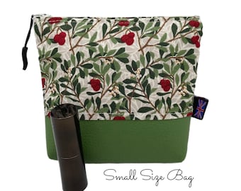 William Morris Arbutus Fabric with rich Green Faux Leather Bag. British Handmade Gift, Toiletries Pouch, Makeup Bag or Purse