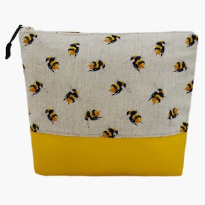 Bumblebees Fabric with Yellow Faux Leather Bag. British Handmade Gift, Cosmetics Case, Toiletries Pouch, Makeup Bag or Purse