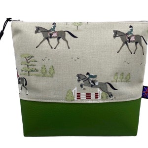 Horse Rider Show Jumping Fabric with Green Faux Leather Bag. British Handmade Gift, Cosmetics Case, Toiletries Pouch, Makeup Bag or Purse