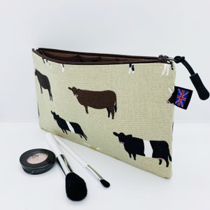 Cattle Cow Fabric Pencil Brush Case. British Handmade Gift, Cosmetics and Toiletries Pouch, Makeup Bag or Purse