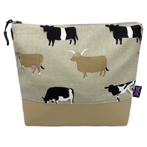 Cattle Fabric with Warm Beige Faux Leather Bag. British Handmade Gift, Cosmetics Case, Toiletries Pouch, Makeup Bag or Purse