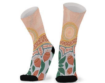 Sunset Healing Unisex Australian Indigenous Art Bamboo Socks. Aboriginal Art Socks. Souvenir.