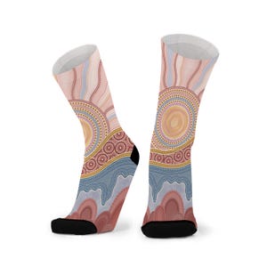 Sunset Healing Australian Indigenous Artwork Bamboo Socks. Aboriginal Art Socks. Souvenir.