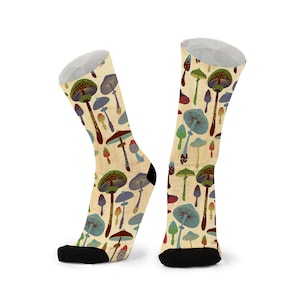 May include: A pair of colourful socks with a mushroom pattern. The socks are beige with a variety of mushrooms in shades of blue, green, red, and brown.