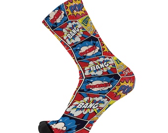 May include: A pair of colorful socks with a comic book design featuring words like "BOOM!" and "BANG!" in red, blue, and yellow.