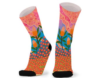 Rebuilding Herself Australian Indigenous Art Bamboo Socks. Aboriginal Art Socks. Souvenir.