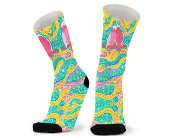 Two Little Lovebirds Australian Indigenous Art Bamboo Socks. Aboriginal Art Socks. Souvenir.