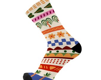 Jungle Bamboo Socks. Fun Palm Tree and Geometric Pattern Socks.