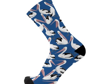 Yes You Peli-Can! Pelican Socks. Bamboo fibre socks. Pelicans. Bird socks. Australian Brand. Large bird. Aussie socks. Red Fox Sox