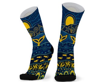 Middle Lagoon Larger Wider Bamboo Socks. Indigenous Australian Art Socks. Aboriginal Souvenir.